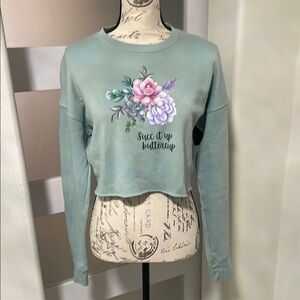 Bella Canvas Green Cropped Sweatshirt with Floral Design and Long Sleeves